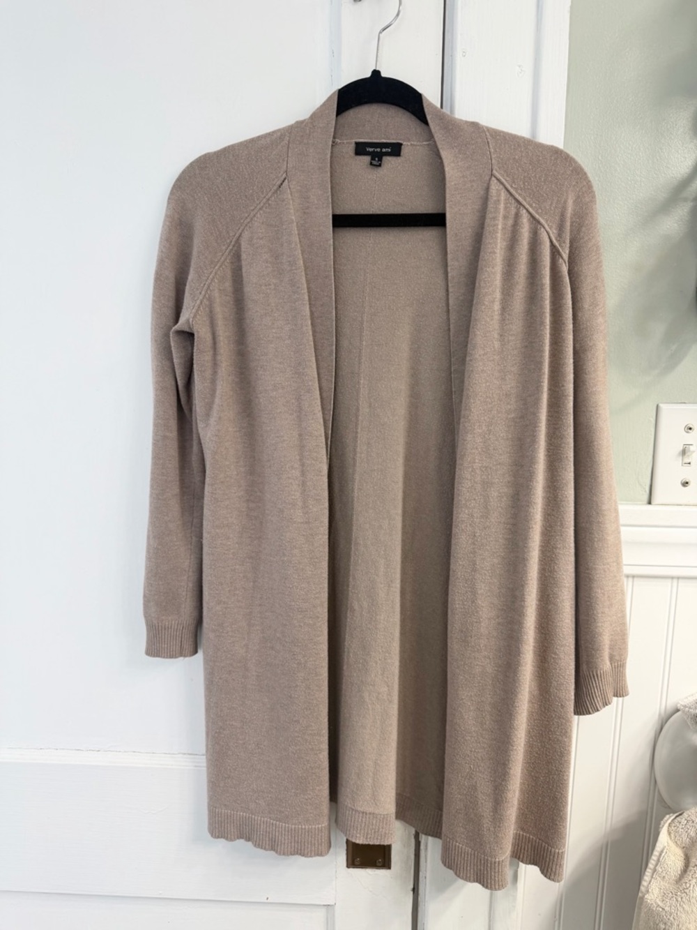 Verve Ami Open-Front Long Cardigan Sweater in Taupe